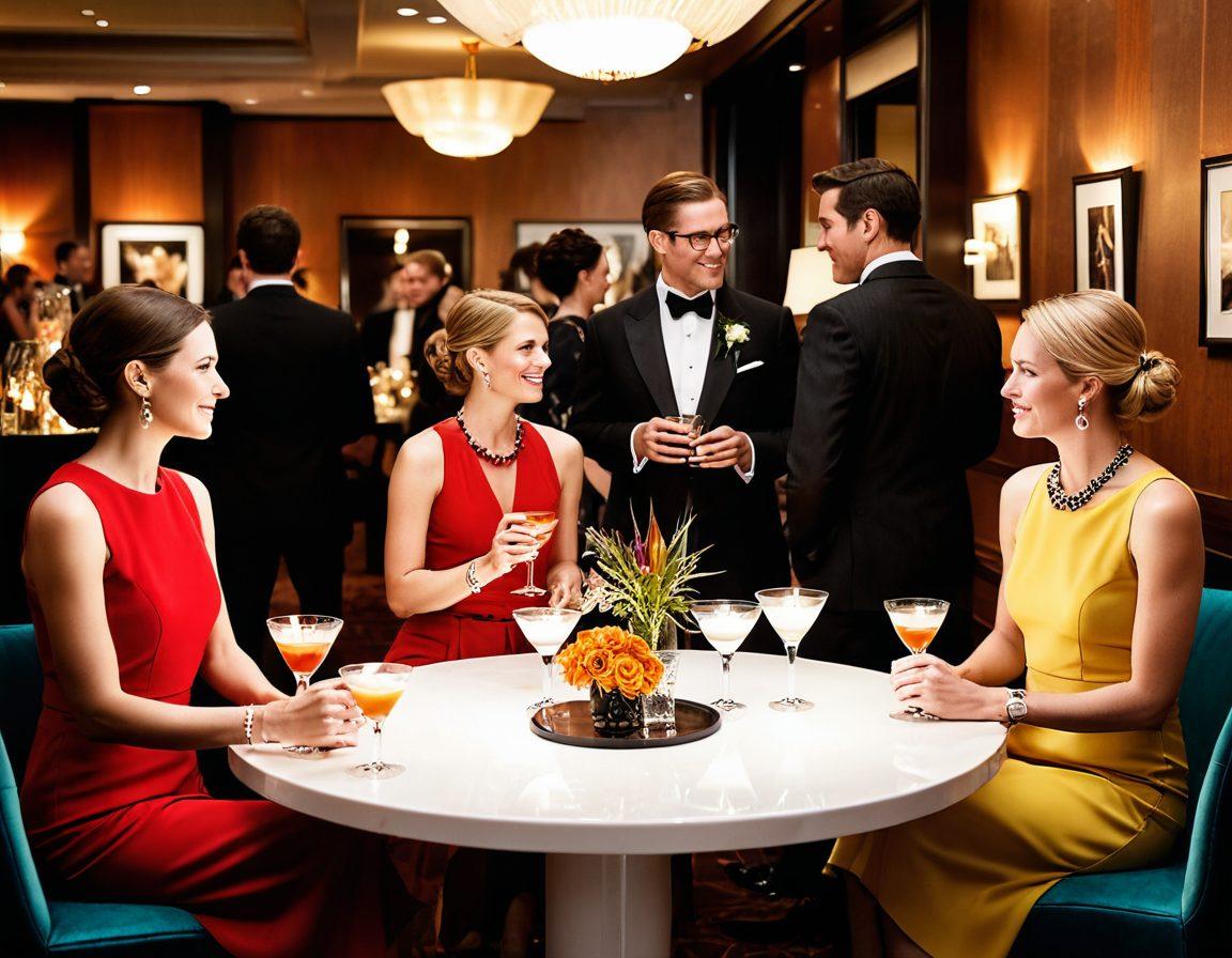 A stylish cocktail party scene showcasing elegantly dressed adults enjoying refined beverages and gourmet hors d'oeuvres in an upscale urban setting. Soft ambient lighting enhances the sophisticated atmosphere, while tasteful art adorns the walls. Include a mix of modern and classic design elements, with guests engaged in lively conversation, reflecting a culture of grown-up entertainment. vibrant colors. 3D.