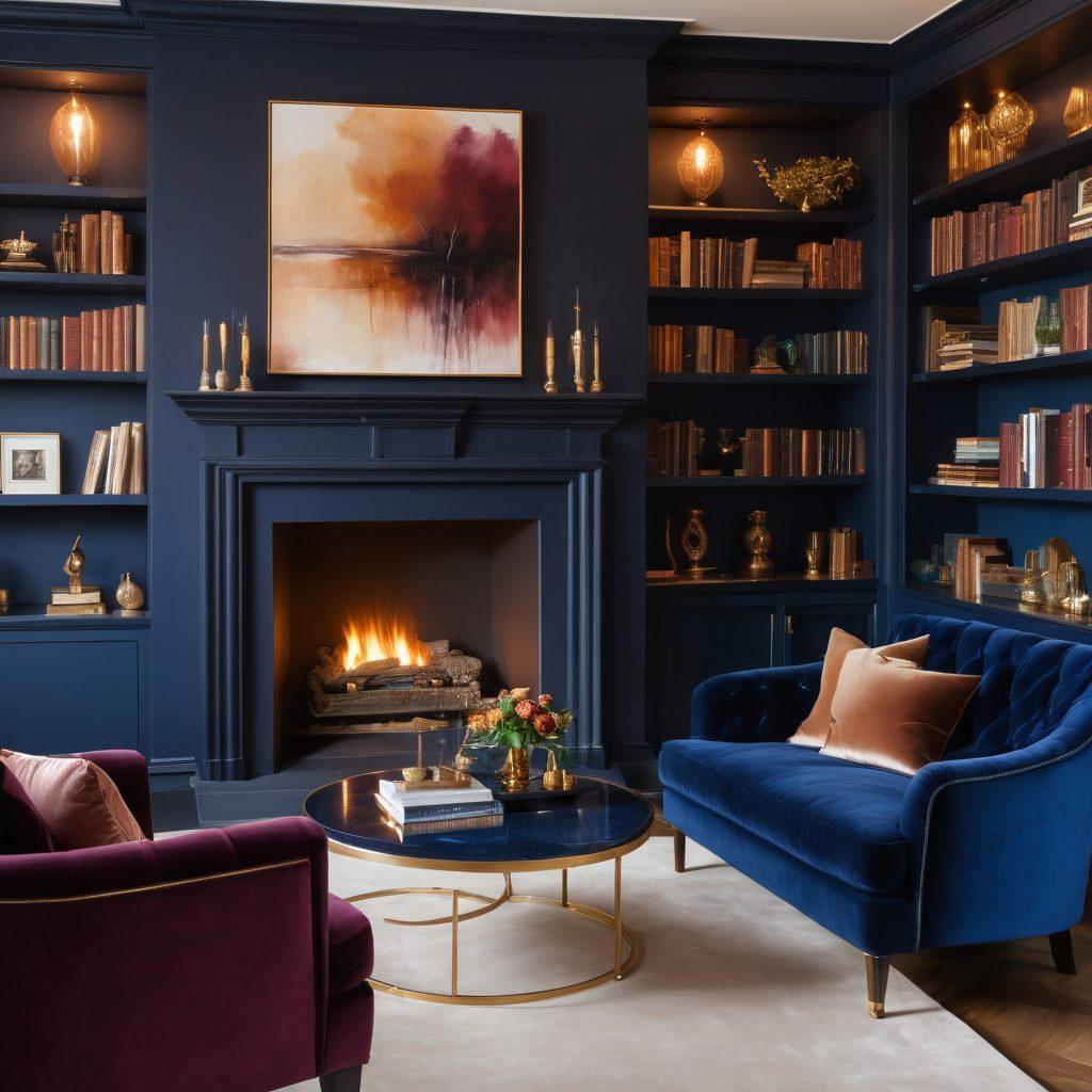 A sophisticated lounge setting with plush, velvet furniture, soft ambient lighting creating an intimate atmosphere. Include elegant decor elements like fine wine glasses, artful sculptures, and tasteful bookshelves filled with classic literature. A subtle hint of mature elegance is portrayed through refined color palettes of deep burgundy and navy blue. The scene evokes a sense of luxury and thoughtfulness, inviting the viewer to delve into mature content. painting. warm tones. soft focus.