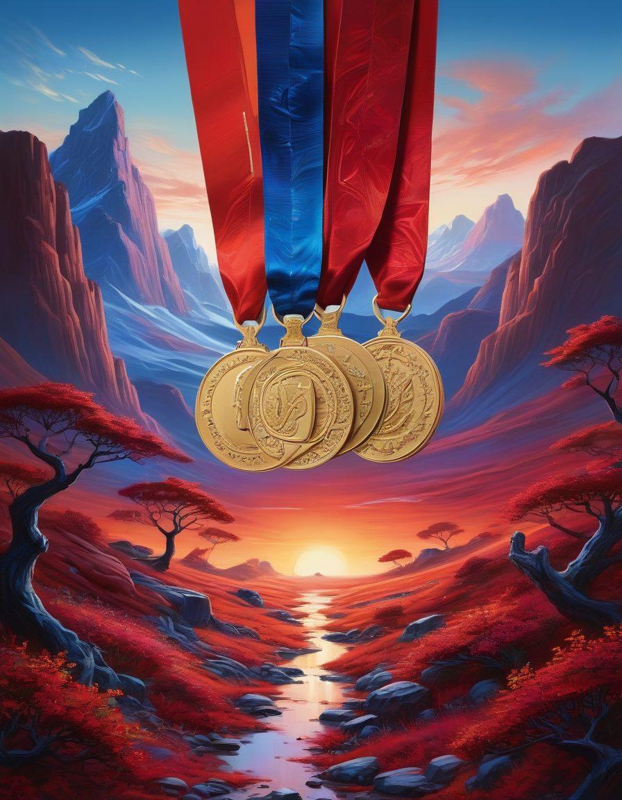 An abstract representation symbolizing the journey of experience, blending images of military medals and adult content motifs, intertwined with pathways leading through a landscape of bold colors and soft lights. The scene should evoke a sense of exploration and understanding, highlighting the contrasts and connections between discipline and personal expression. super-realistic. vibrant colors. dynamic composition.